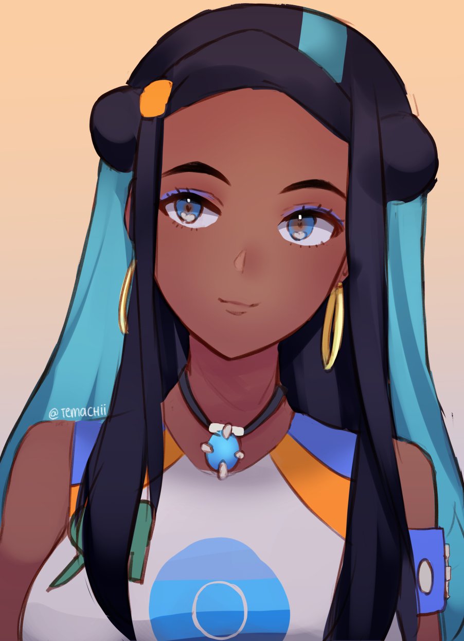 1girl, black_hair, blue_eyes, blue_hair, closed_mouth, commentary, dark_skin, earrings