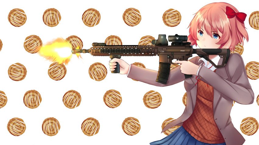 1girl, aiming, assault_rifle, blue_eyes, blue_skirt, bow, closed_mouth, collared_shirt