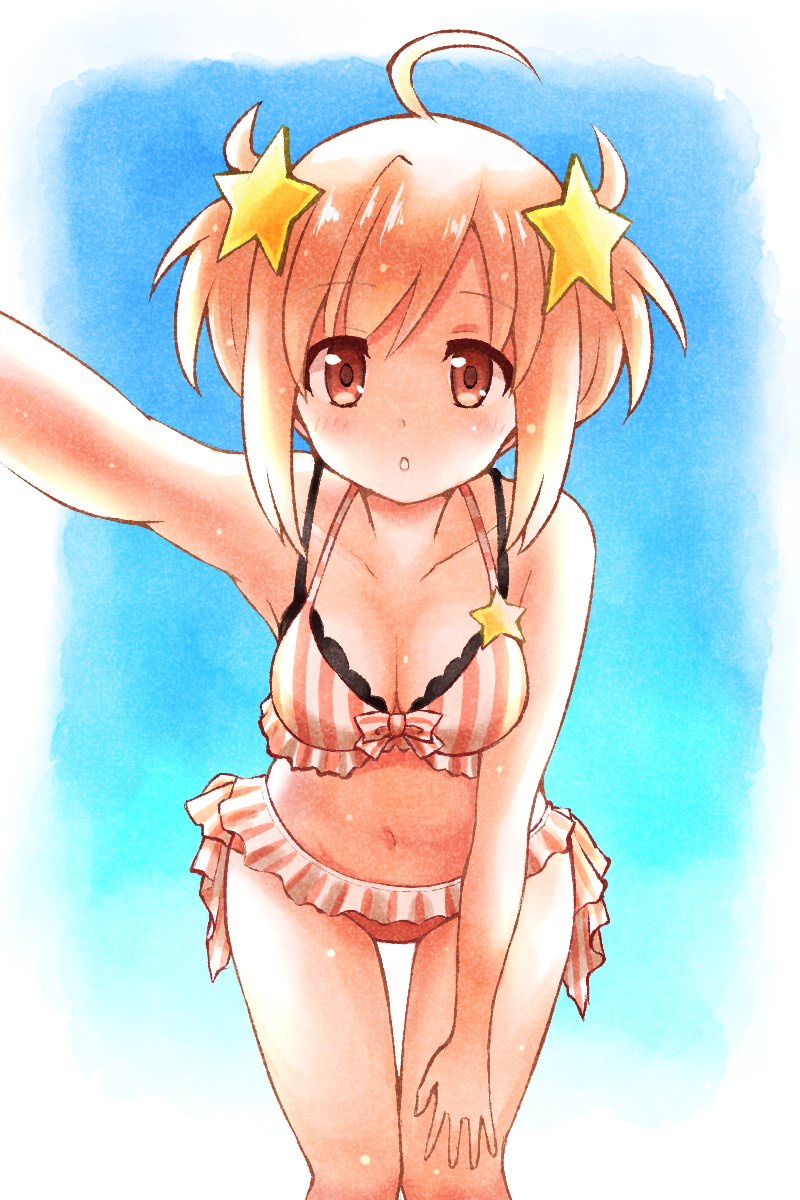 1girl, bent_over, bikini, breasts, brown_eyes, eyebrows_visible_through_hair, hair_ornament, hand_on_own_thigh