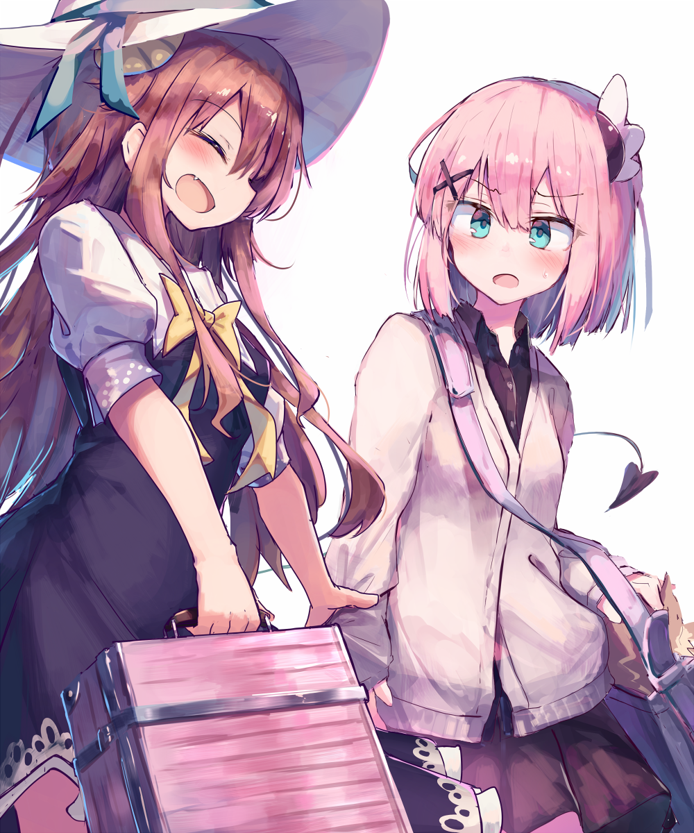 arm_grab, bag, bangs, beize_(garbage), black_shirt, blue_eyes, blue_ribbon, blush