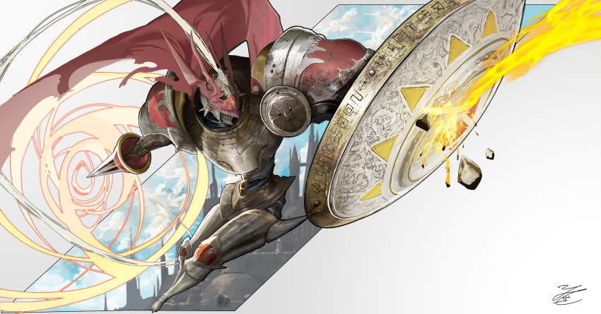 cape, castle, digimon, digimon_tamers, from_above, gallantmon, highres, holding_lance