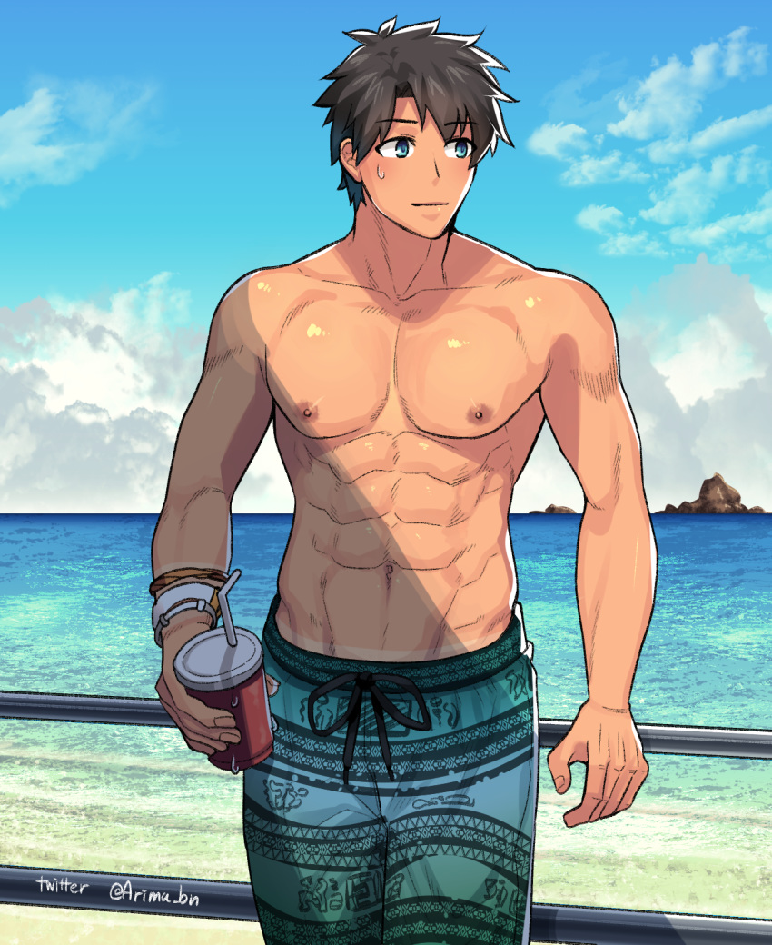 1boy, abs, alternate_costume, arima_(arima_bn), bangs, black_hair, blue_eyes, chest