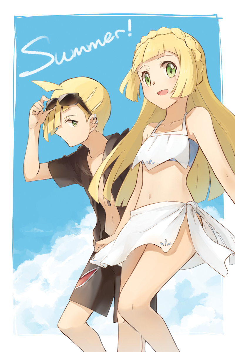 1boy, 1girl, arm_up, bangs, black_shorts, blonde_hair, braid, brother_and_sister, clouds, collarbone, commentary_request, ear_piercing, eyewear_on_head, french_braid, gladio_(pokemon), green_eyes, hand_on_eyewear, highres, knees, light_blush, lillie_(pokemon), long_hair, navel, ochi_(lokun), open_clothes, open_mouth, piercing, pokemon, pokemon_(game), pokemon_sm, sarong, shorts, siblings, sky, summer, sunglasses