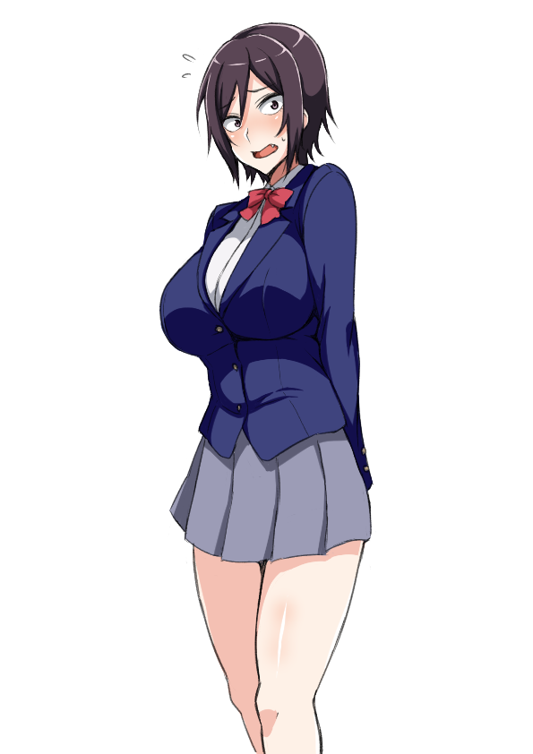 1girl, arms_behind_back, black_hair, blazer, blush, bow, bowtie, breasts