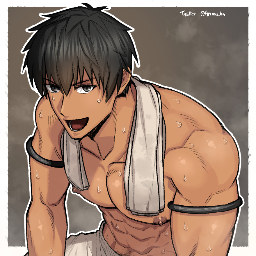 1boy, abs, arash_(fate), arima_(arima_bn), bangs, bara, black_eyes, black_hair