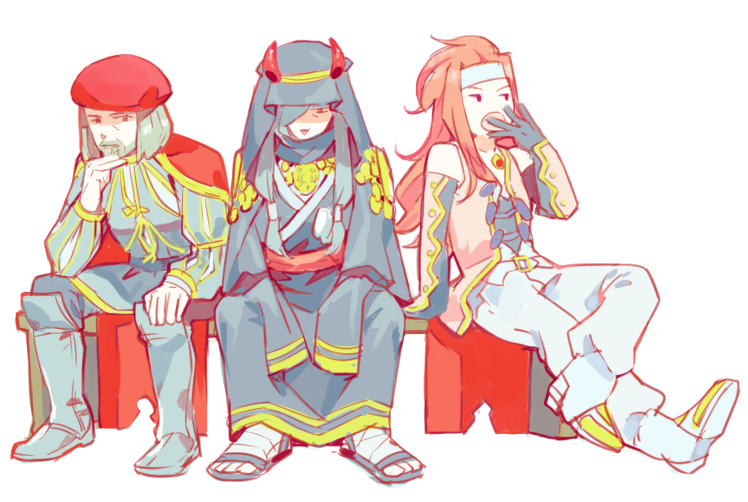 3boys, assassin's_creed_(series), assassin's_creed_ii, beard, beret, bravely_default:_flying_fairy, bravely_default_(series), crossover, facial_hair, gloves, hat, headband, ikuma_naerik, leonardo_da_vinci, long_hair, male_focus, multiple_boys, nishihara_isao, redhead, renaissance_clothes, sitting, tales_of_(series), tales_of_symphonia, yawning, zelos_wilder