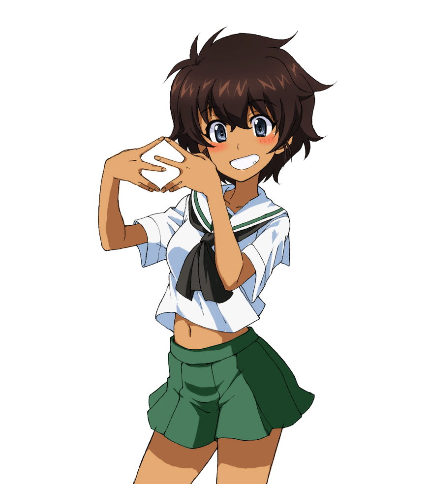 1girl, bangs, black_neckwear, blouse, blue_eyes, brown_hair, commentary, cowboy_shot, dark_skin, english_commentary, eyebrows_visible_through_hair, fingers_together, girls_und_panzer, green_skirt, grin, hand_gesture, kayabakoro, logo, looking_at_viewer, midriff, miniskirt, namesake, navel, neckerchief, ooarai_school_uniform, pleated_skirt, sailor_collar, school_uniform, serafuku, short_hair, short_sleeves, simple_background, skirt, smile, solo, standing, suzuki_(company), suzuki_(girls_und_panzer), white_background, white_blouse, white_sailor_collar