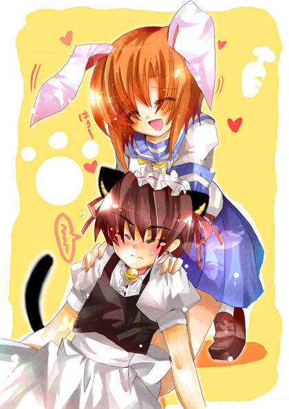 1girl, animal_ears, aquamarine, bad_id, bunny_ears, cat_ears, couple, crossdressing