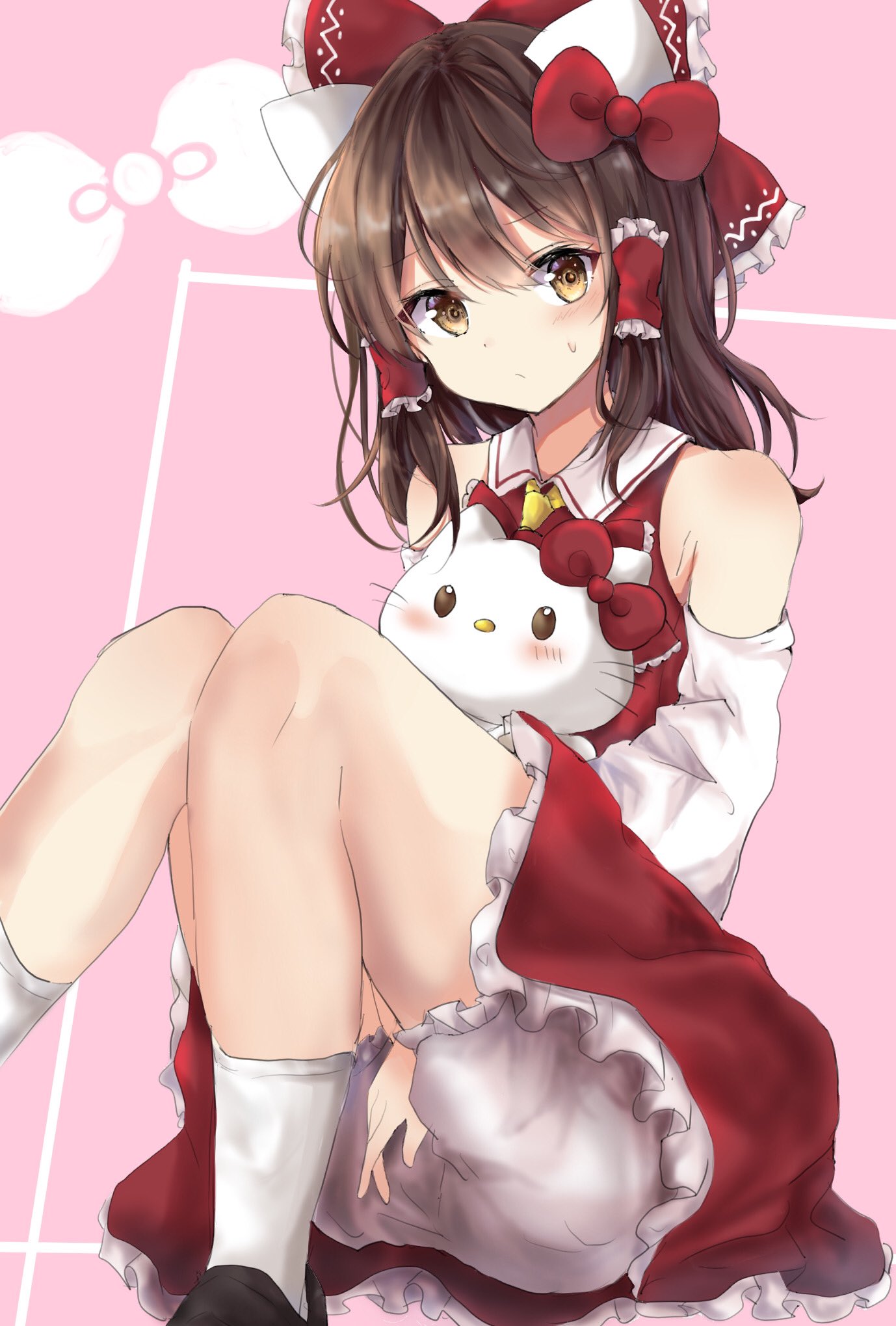 1girl, animal_ears, bangs, black_footwear, blush, bow, brown_hair, cat
