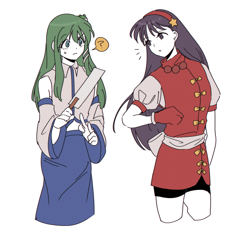 2girls, ?, asamiya_athena, bangs, black_shorts, blue_skirt, chinese_clothes, closed_mouth
