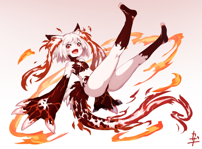 1girl, :d, animal_ears, asymmetrical_pupils, barefoot, blush_stickers, claws, commentary_request