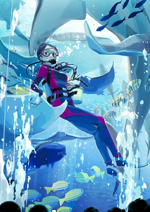 1girl, aquarium, audience, bodysuit, bubble, commentary_request, diving_mask, diving_mask_on_eyes
