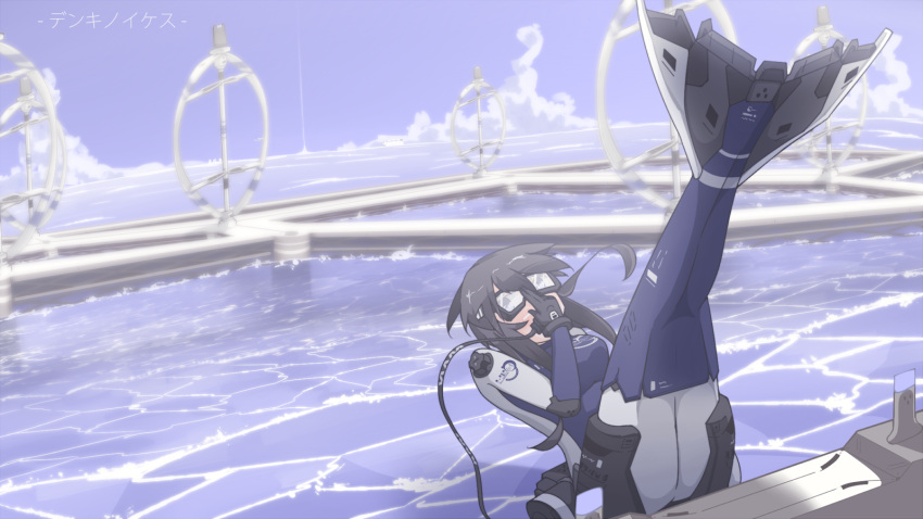 1girl, bangs, black_hair, bodysuit, breasts, diving_mask, full_body, goggles