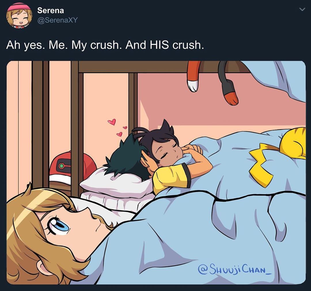 1girl, 2boys, 500_dollar_four_foot_tall_mareep, bed, bedroom, black_hair, blanket, blue_eyes
