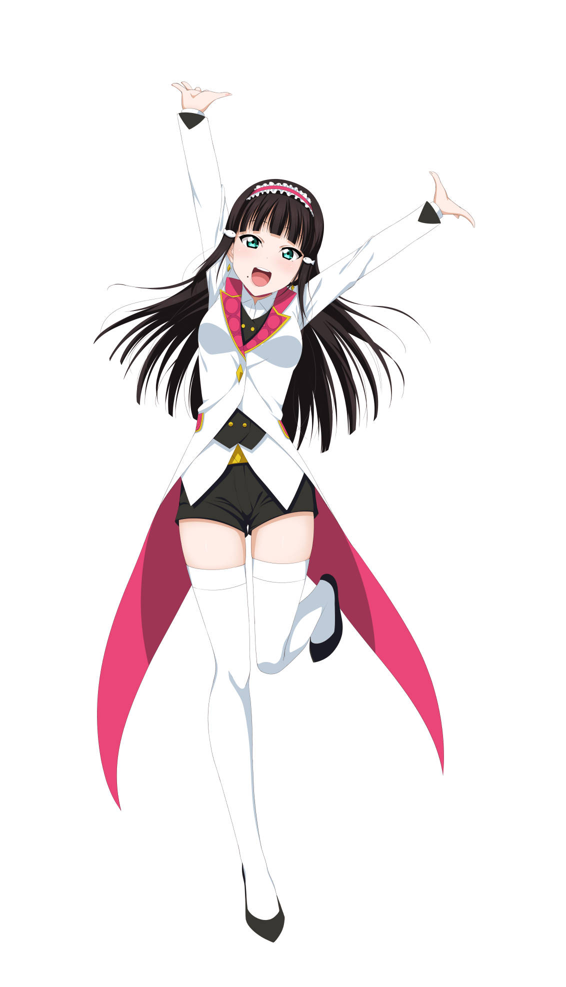 1girl, :d, arms_up, bangs, black_hair, black_legwear, black_shorts, blunt_bangs