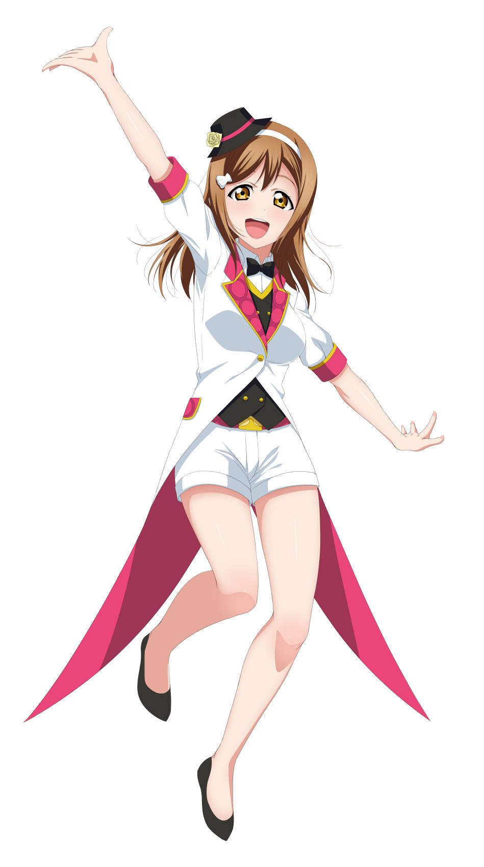 1girl, :d, arm_up, black_footwear, black_headwear, brown_eyes, brown_hair, floating_hair