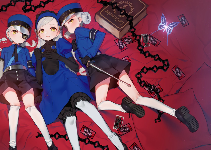 3girls, bangs, bed_sheet, black_gloves, blue_hairband, blush, book, braid