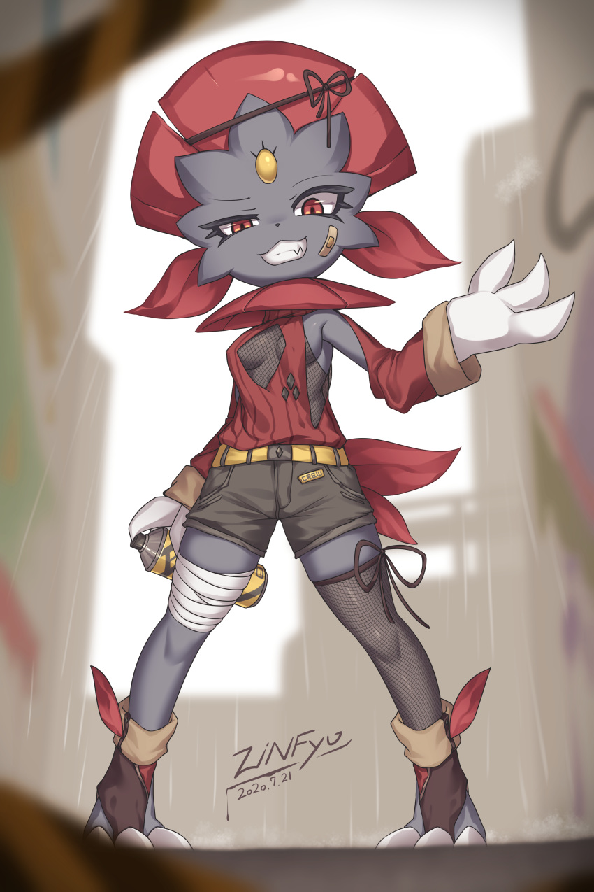 1girl, absurdres, arm_behind_back, artist_name, bandaged_leg, bandages, bandaid, bandaid_on_face, belt, black_legwear, black_ribbon, blurry, blurry_background, blurry_foreground, breasts, brown_footwear, brown_shorts, claws, cleavage_cutout, clothed_pokemon, clothes_writing, commentary_request, covered_nipples, dated, day, english_text, fang, fishnet_legwear, fishnets, forehead_jewel, furry, gen_4_pokemon, grey_skin, grin, half-closed_eye, hand_up, happy, hazard_stripes, highres, looking_at_viewer, medium_breasts, no_bra, outdoors, pigeon-toed, pokemon, pokemon_(creature), rain, raised_eyebrow, red_eyes, red_sweater, ribbon, see-through, shiny, shiny_skin, short_shorts, shorts, signature, single_thighhigh, skindentation, smile, solo, spray_can, sweater, teeth, thigh-highs, uneven_eyes, weavile, zinfyu