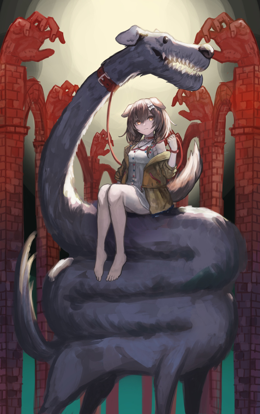 1girl, absurdres, animal_ears, bangs, barefoot, bone_hair_ornament, bracelet, brown_eyes