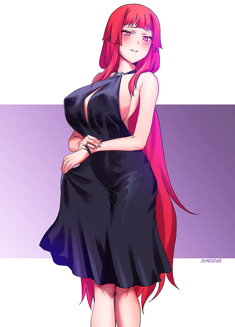 10million, 1girl, artist_name, black_dress, blush, breasts, dress, halter_dress, large_breasts, last_origin, long_hair, looking_at_viewer, mole, mole_under_eye, redhead, skirt_hold, solo, t-3_leprechaun, very_long_hair