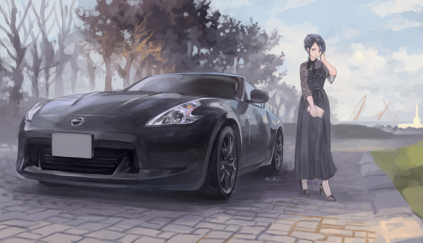 1girl, black_dress, black_eyes, black_footwear, black_hair, black_scarf, car, dress, eyebrows_visible_through_hair, ground_vehicle, hand_on_own_cheek, high_heels, highres, holding_notepad, looking_to_the_side, momo_hiki, motor_vehicle, nissan, nissan_350z, original, personification, scarf, vehicle_focus