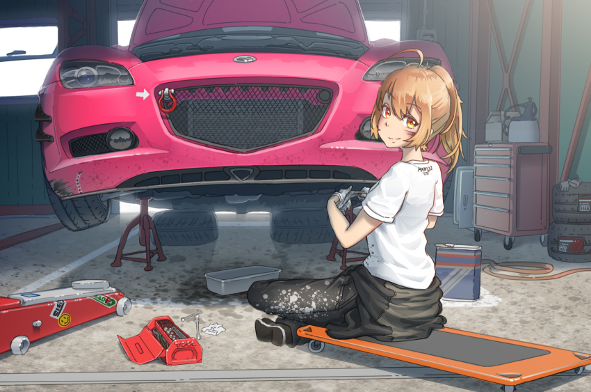 1girl, ahoge, bangs, box, brown_hair, car, character_request, copyright_request, eyebrows_visible_through_hair, foglight, fxx, garage, gloves, ground_vehicle, hanaka_kotone_(virtual_youtuber), headlight, highres, hose, indoors, jack_stand, jerry_can, looking_back, mazda, mazda_rx-8, motor_vehicle, oil, orange_eyes, shirt, short_sleeves, socket_wrench, tied_hair, toolbox, virtual_youtuber, white_shirt, window, yellow_eyes