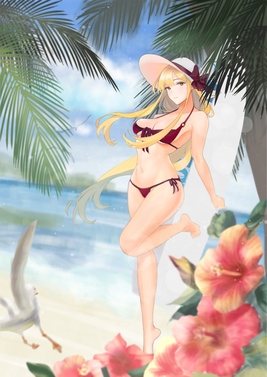 1girl, absurdres, bare_legs, bare_shoulders, barefoot, beach, bikini, blonde_hair