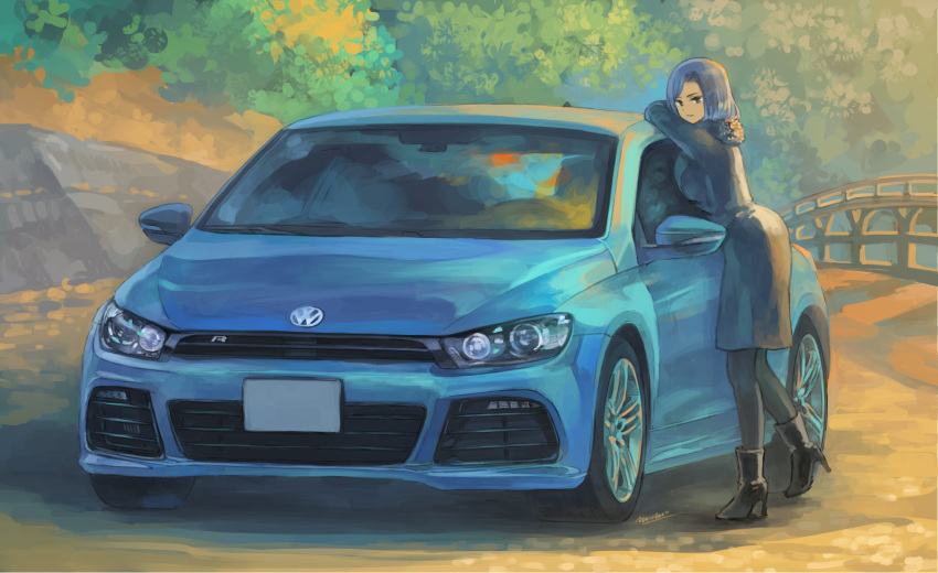 1girl, bent_over, blue_eyes, blue_hair, car, ground_vehicle, highres, jacket