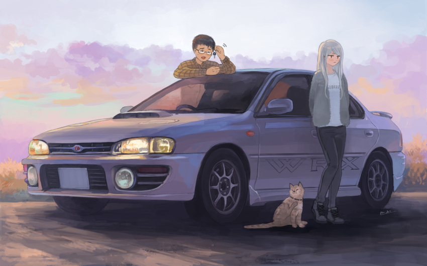 1boy, 1girl, car, cat, closed_eyes, glasses, ground_vehicle, highres