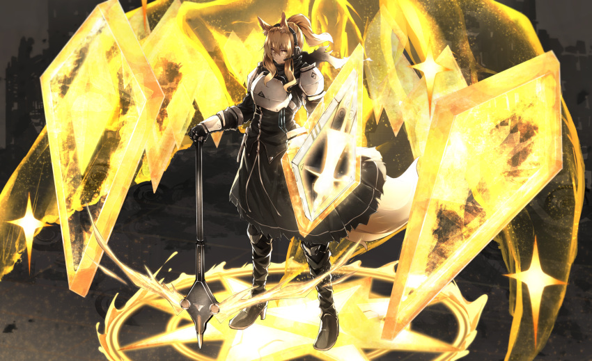 1girl, absurdres, animal_ears, arknights, armor, black_footwear, black_gloves, black_shirt