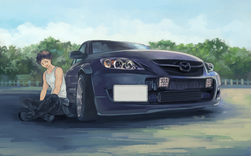 1boy, black_hair, car, crossed_legs, ground_vehicle, highres, looking_back, mazda, mazda_3, momo_hiki, motor_vehicle, original, personification, sitting_on_ground, tank_top, vehicle_focus