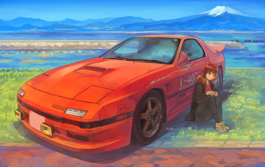 1girl, brown_eyes, brown_hair, highres, light_smile, looking_down, mazda_rx-7, medium_hair
