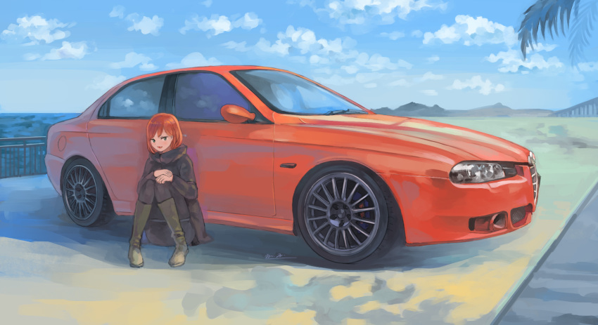 1girl, alfa_romeo, alfa_romeo_giulia, bangs, car, green_eyes, ground_vehicle, highres