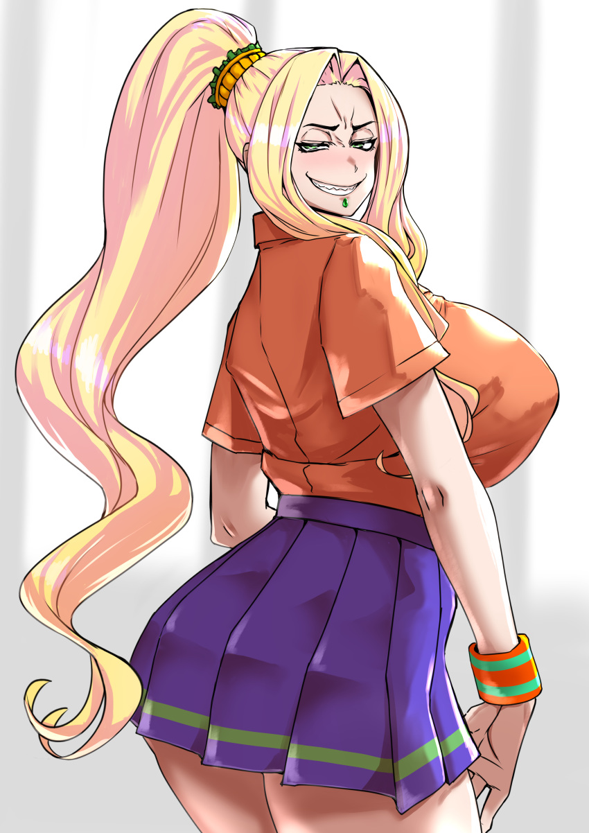 1girl, absurdres, alternate_costume, blonde_hair, breasts, chin_piercing, closed_mouth, collared_shirt