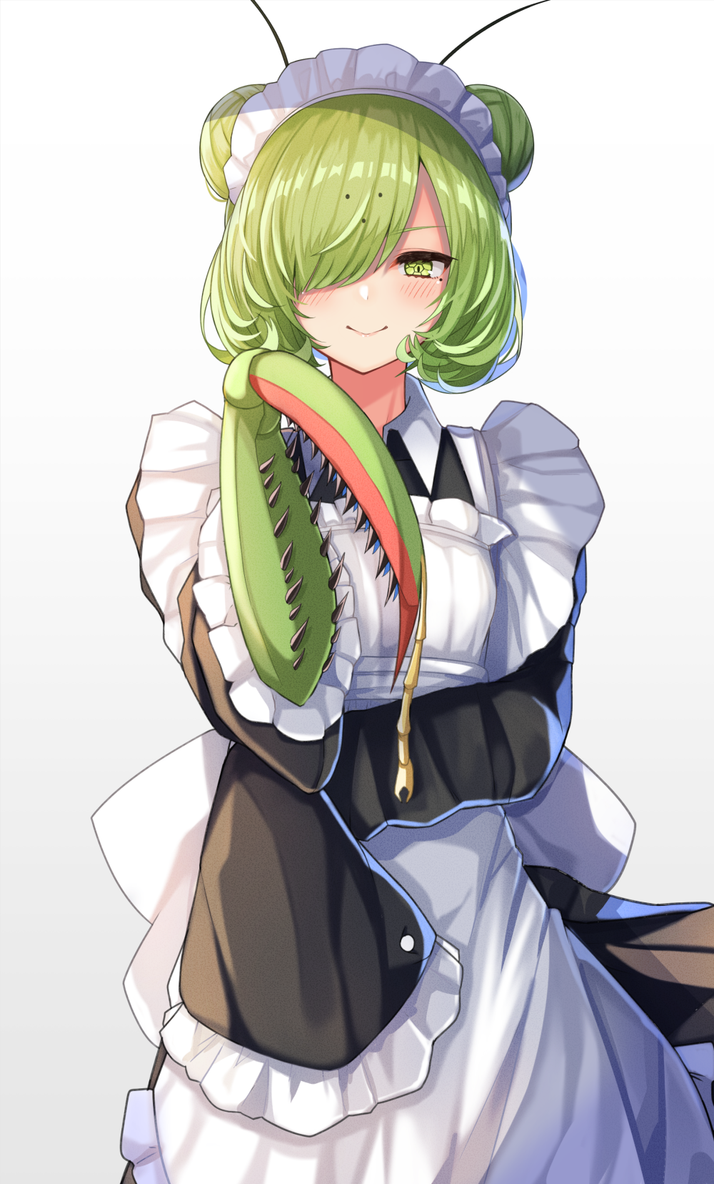 1girl, antennae, apron, back_bow, bangs, black_dress, blush, bow