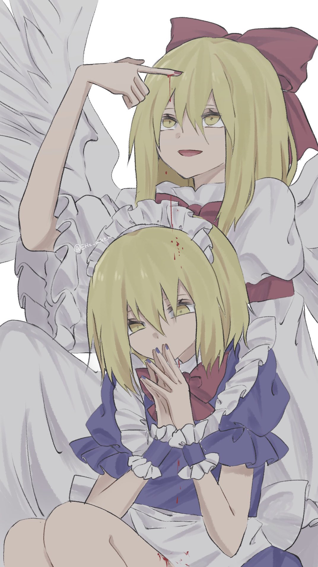 2girls, bangs, blonde_hair, blood, blue_dress, bow, commentary, cowboy_shot