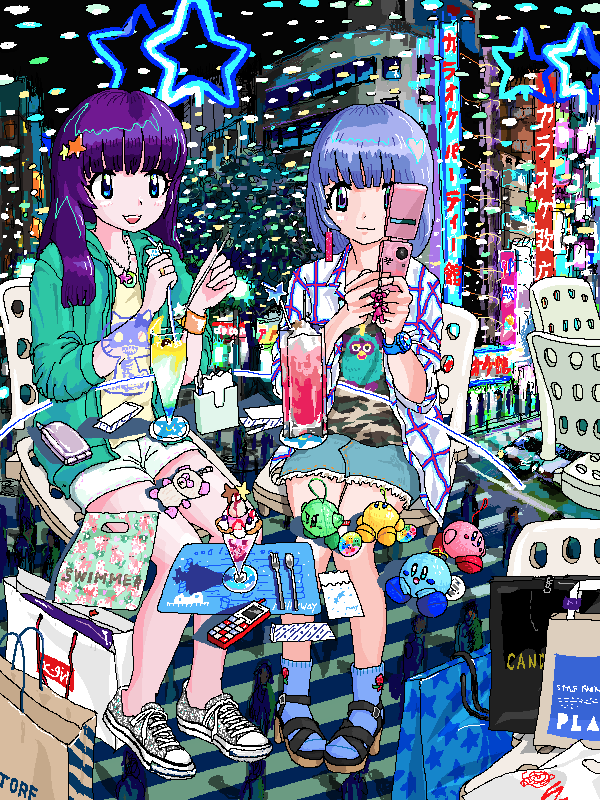 2girls, :3, ace_akira, animal_print, bag, bangs, blue_eyes, blue_hair