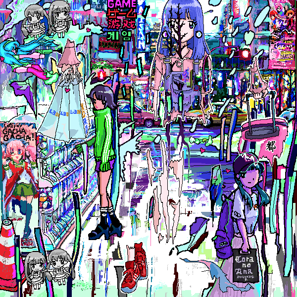 abstract, ace_akira, akihabara_(tokyo), aqua_hair, bag, bangs, black_footwear, black_legwear, blue_hair, blunt_bangs, car, city, closed_mouth, day, frown, gacha_gacha, green_skirt, ground_vehicle, hat, high_heels, holding, holding_bag, lavender_hair, long_hair, long_skirt, looking_at_viewer, motor_vehicle, multiple_girls, original, overalls, pink_legwear, pink_shirt, pleated_skirt, poster_(object), puddle, red_footwear, shiny, shirt, shoes, shopping_bag, short_hair, short_sleeves, skirt, standing, standing_on_one_leg, sunlight, traffic_cone, twintails, white_skirt