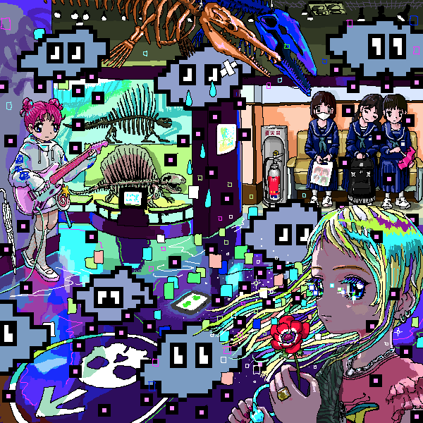 5girls, ace_akira, animal_print, arrow_(symbol), bag, bandages, black_bag, black_eyes