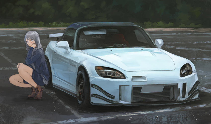 1girl, bangs, blue_eyes, car, ground_vehicle, hand_on_own_cheek, highres, honda