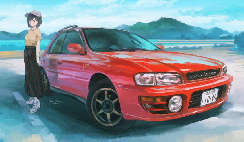 1girl, bangs, baseball_cap, beige_shirt, black_hair, car, grey_headwear, ground_vehicle