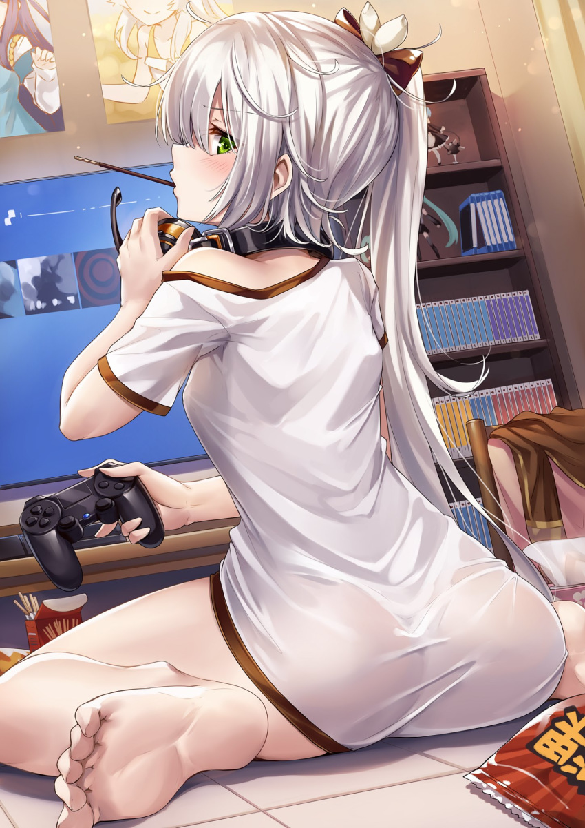 1girl, ass, barefoot, blush, breasts, controller, food, food_girls