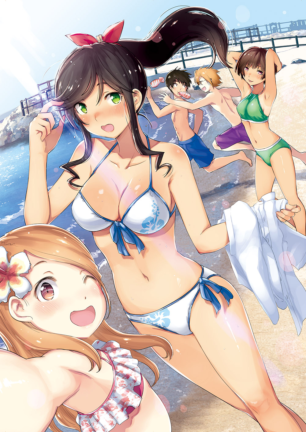 2boys, 3girls, beach, bikini, black_hair, blue_shorts, blue_sky, brown_eyes, brown_hair, day, feet_out_of_frame, flower, frilled_bikini, frills, green_bikini, hair_flower, hair_ornament, hattori_mitsuru, highres, kirei_ni_shitemoraemasuka, lens_flare, looking_at_viewer, male_swimwear, multiple_boys, multiple_girls, one_eye_closed, outdoors, pier, ponytail, purple_shorts, red_eyes, self_shot, shorts, side-tie_bikini, sky, swim_trunks, swimsuit, swimwear, upper_body, white_bikini