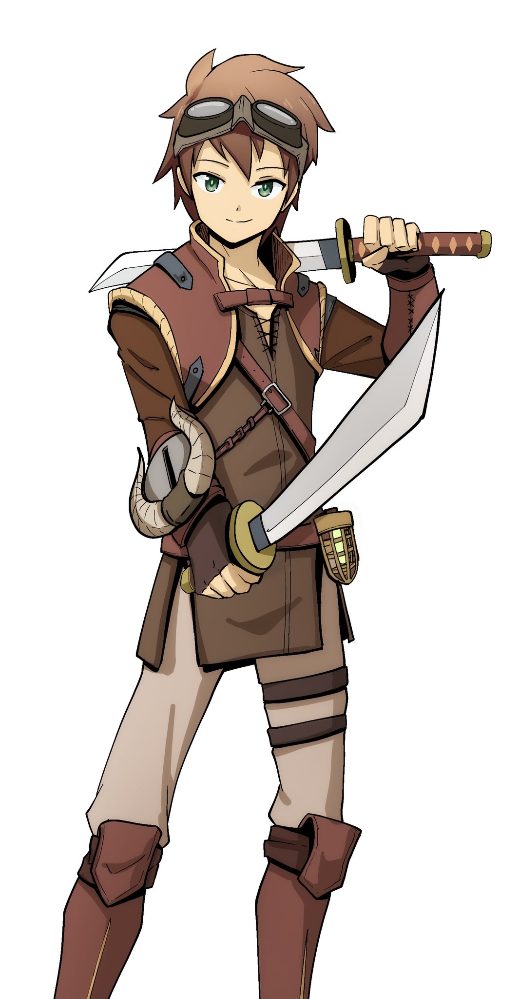 1boy, brown_hair, cosplay, crossover, dual_wielding, fingerless_gloves, gloves, goggles