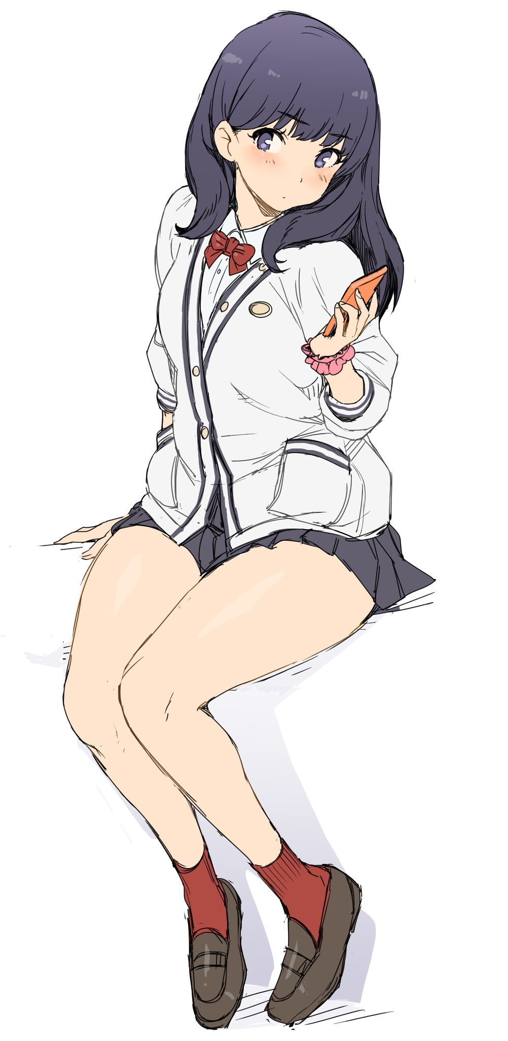 1girl, bangs, black_hair, black_skirt, blue_eyes, blush, bow, bowtie