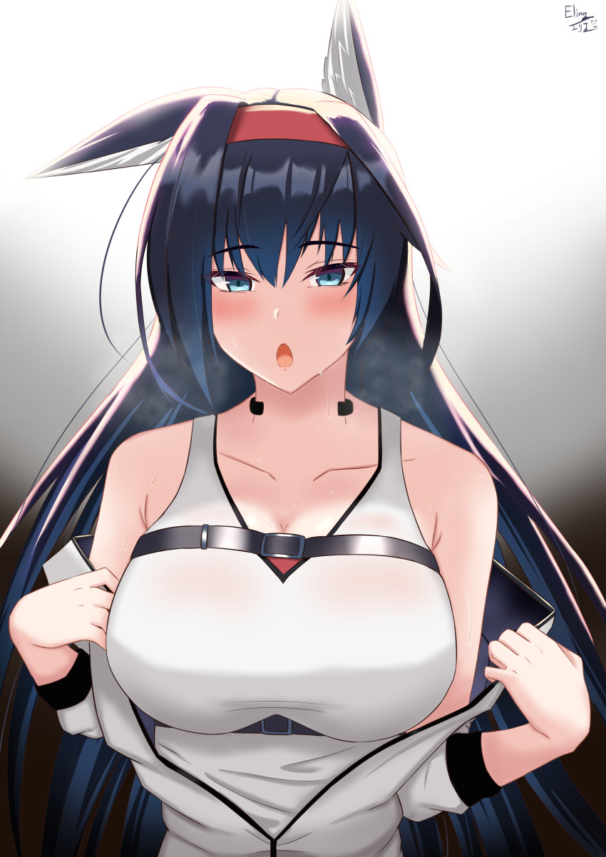 1girl, absurdres, animal_ears, arknights, bangs, bare_shoulders, black_background, black_hair