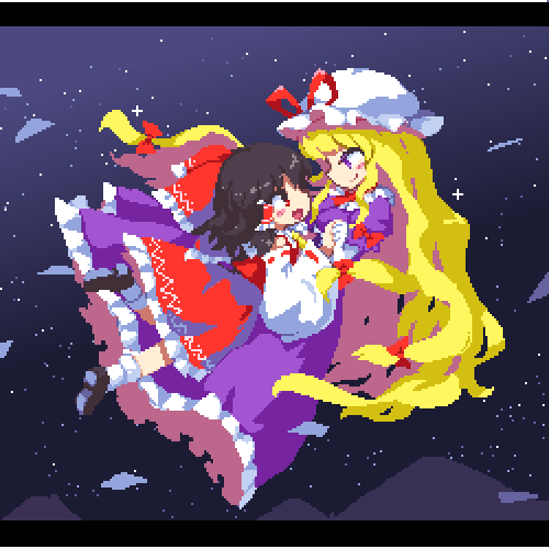 2girls, :d, black_hair, blonde_hair, bow, commentary_request, detached_sleeves, dress