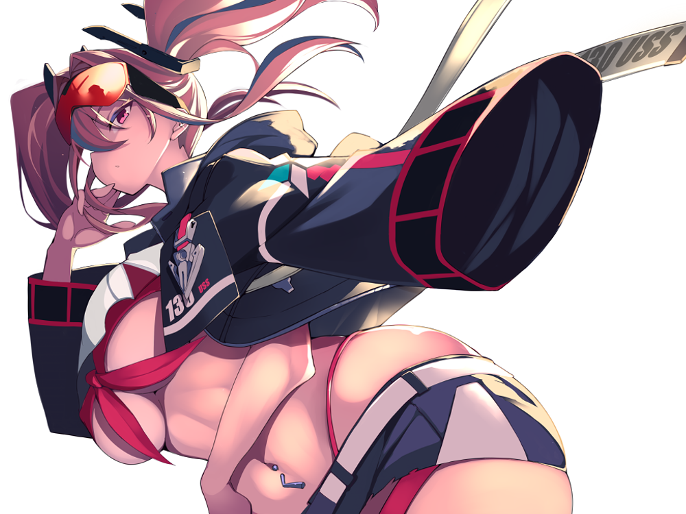1girl, azur_lane, bangs, breasts, bremerton_(azur_lane), crop_top, eyewear_on_head, floating_hair