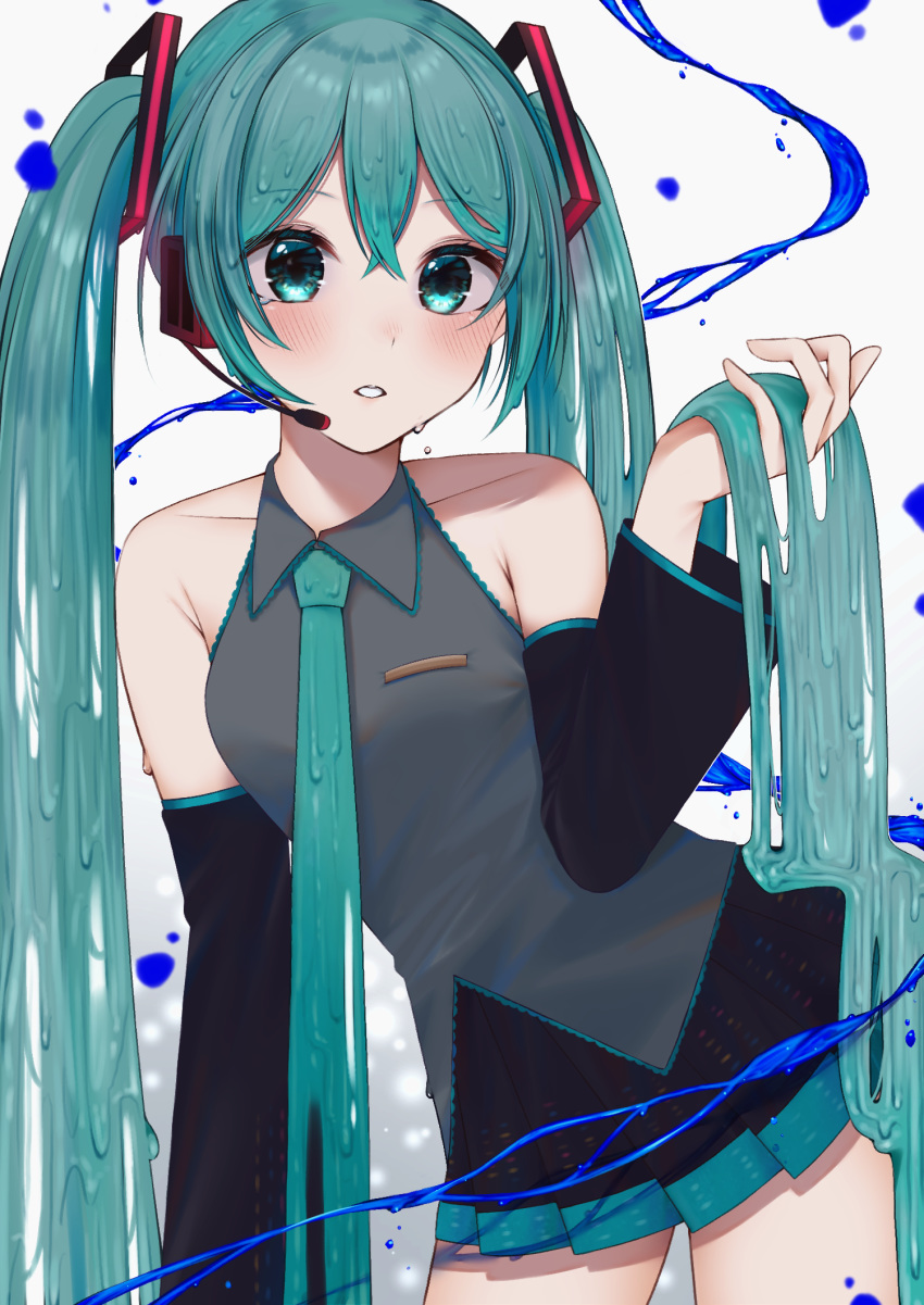 1girl, bad_id, bad_pixiv_id, bare_shoulders, black_skirt, black_sleeves, blush, breasts
