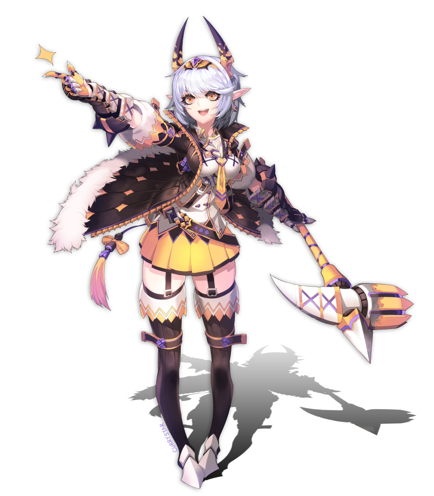 :d, absurdres, artist_name, black_legwear, coat, copyright_request, currystar, earrings, fur_trim, garter_straps, gauntlets, hammer, highres, horns, jewelry, open_mouth, orange_eyes, pointy_ears, shadow, short_hair, silver_hair, simple_background, skirt, smile, solo, tassel, white_background, yellow_neckwear, yellow_skirt